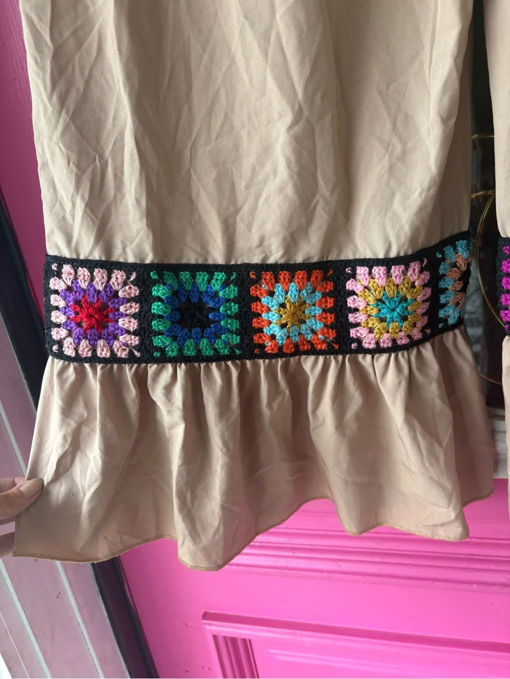 Taupe Cropped Pants with Black Multicolor Crochet Trim - Picture 3 of 7